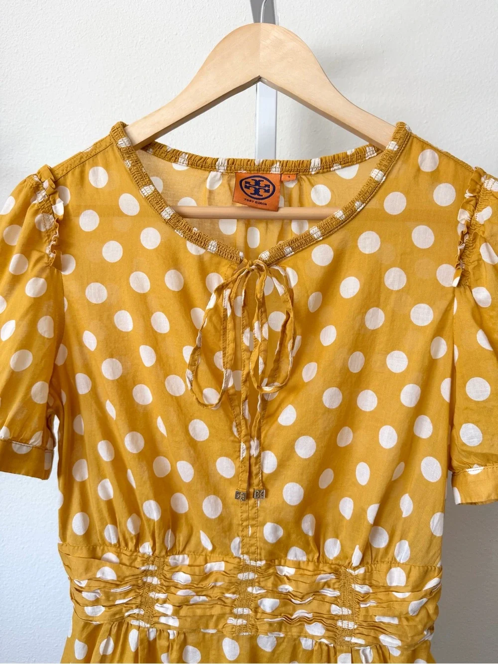Tory Burch Yellow Polka Dot Peplum Blouse 100% Cotton Size 4